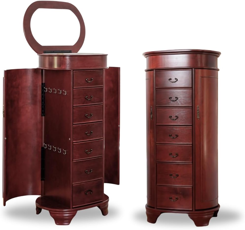 Hives and Honey Daley Oval Jewelry Armoire, Stylish Standing Organizer with Mirror, 7 Drawers, 20 Necklace Hooks, Anti-Tarnish Lining, Divided Storage, Turquoise