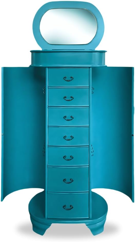 Hives and Honey Daley Oval Jewelry Armoire, Stylish Standing Organizer with Mirror, 7 Drawers, 20 Necklace Hooks, Anti-Tarnish Lining, Divided Storage, Turquoise