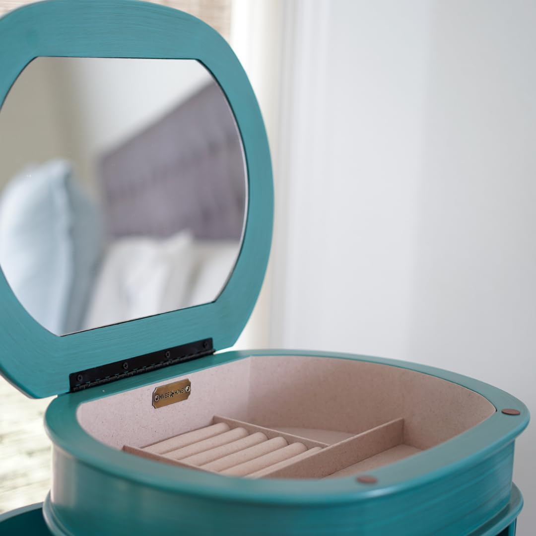 Hives and Honey Daley Oval Jewelry Armoire, Stylish Standing Organizer with Mirror, 7 Drawers, 20 Necklace Hooks, Anti-Tarnish Lining, Divided Storage, Turquoise