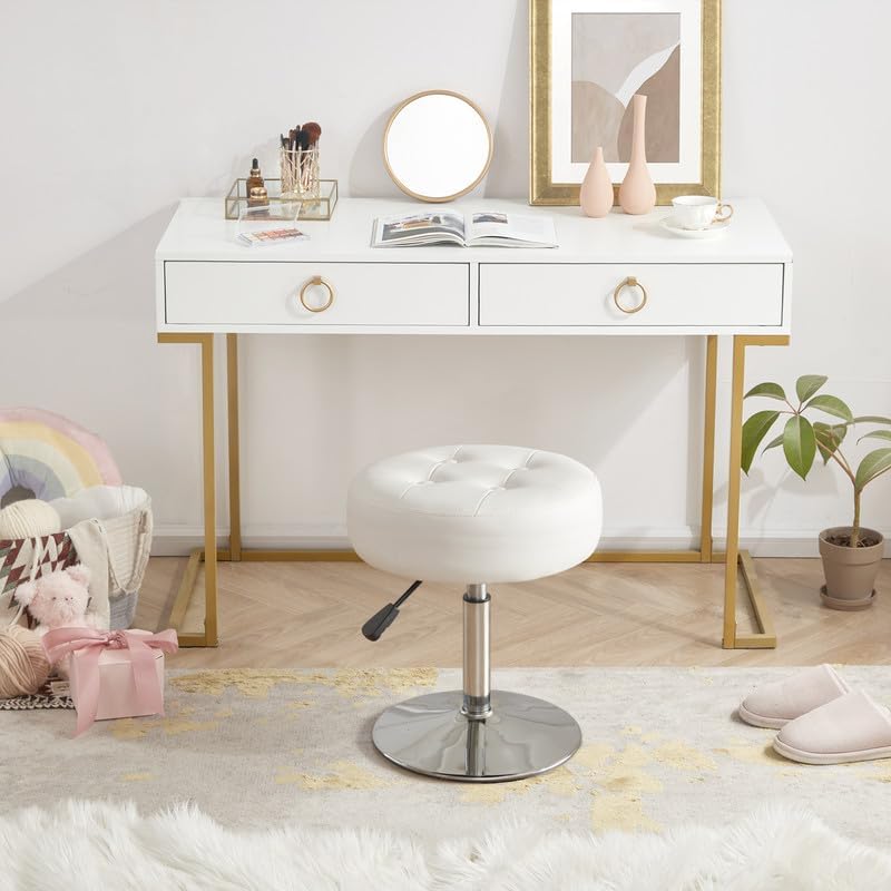 White Vanity Chair for Makeup Room Round Ottoman Tufted PU Leather Makeup Chair Vanity Stools for Bathroom Height Adjustable 360 Swivel