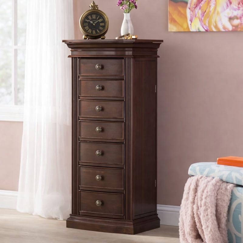 Hives and Honey Luke Standing Jewelry Armoire - Large 7-Drawer Wooden Organizer with Mirror, Side Doors, and Anti-Tarnish Lining