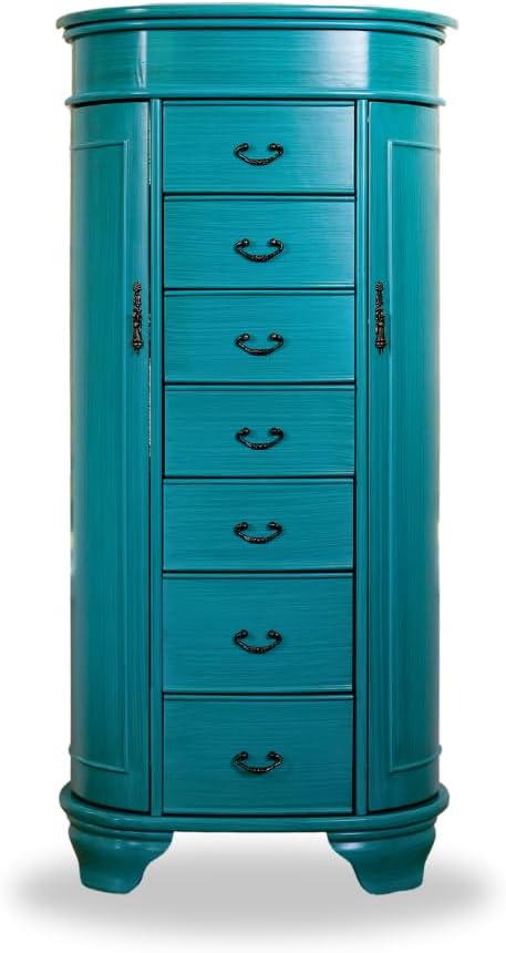 Hives and Honey Daley Oval Jewelry Armoire, Stylish Standing Organizer with Mirror, 7 Drawers, 20 Necklace Hooks, Anti-Tarnish Lining, Divided Storage, Turquoise