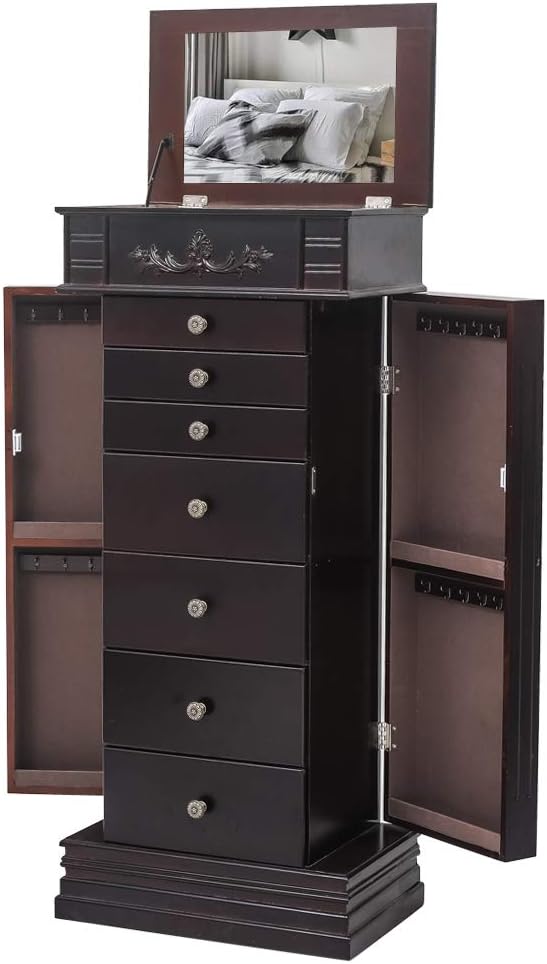 Vasitelan Large Standing Jewelry Armoire Cabinet Chest with with 7 Drawers,Jewelry Box Storage Organizer with Top Flip Mirror