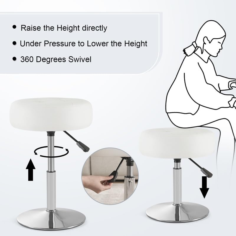 White Vanity Chair for Makeup Room Round Ottoman Tufted PU Leather Makeup Chair Vanity Stools for Bathroom Height Adjustable 360 Swivel