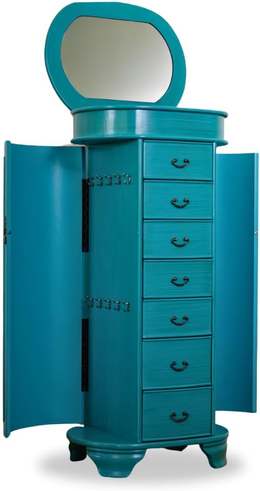 Hives and Honey Daley Oval Jewelry Armoire, Stylish Standing Organizer with Mirror, 7 Drawers, 20 Necklace Hooks, Anti-Tarnish Lining, Divided Storage, Turquoise