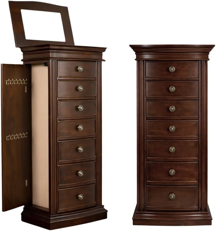 Hives and Honey Luke Standing Jewelry Armoire - Large 7-Drawer Wooden Organizer with Mirror, Side Doors, and Anti-Tarnish Lining