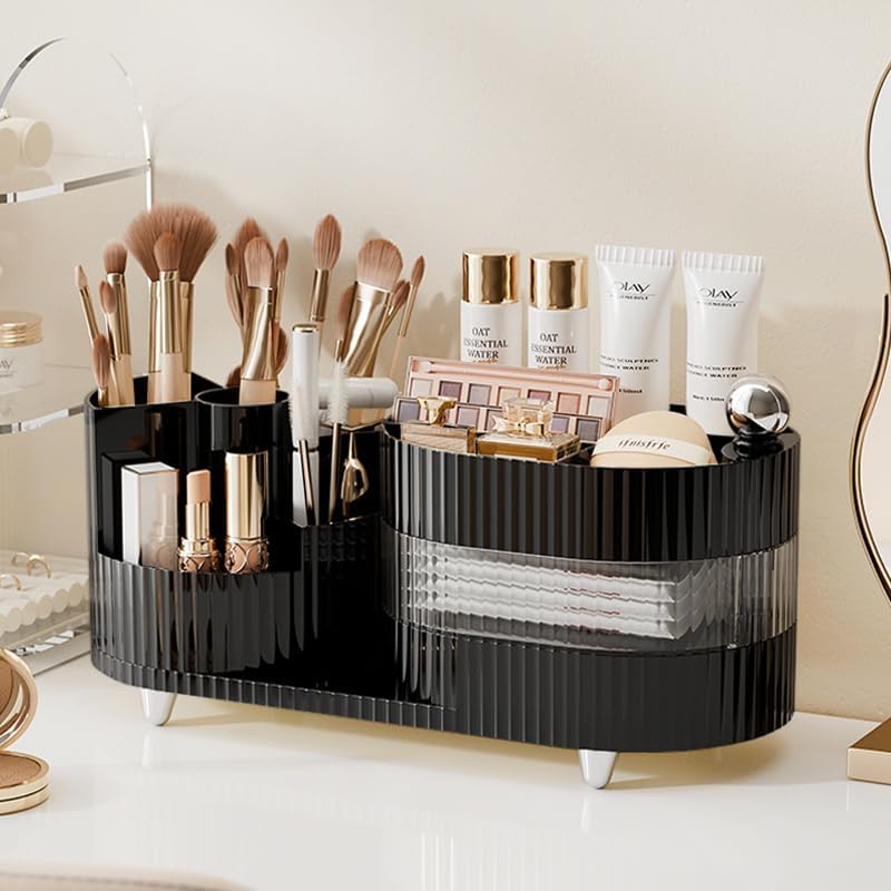 360° Rotating Vanity Makeup Organizer with Brush Holder, Large Spinning Cosmetic Storage for Skincare, Perfumes and Lotions
