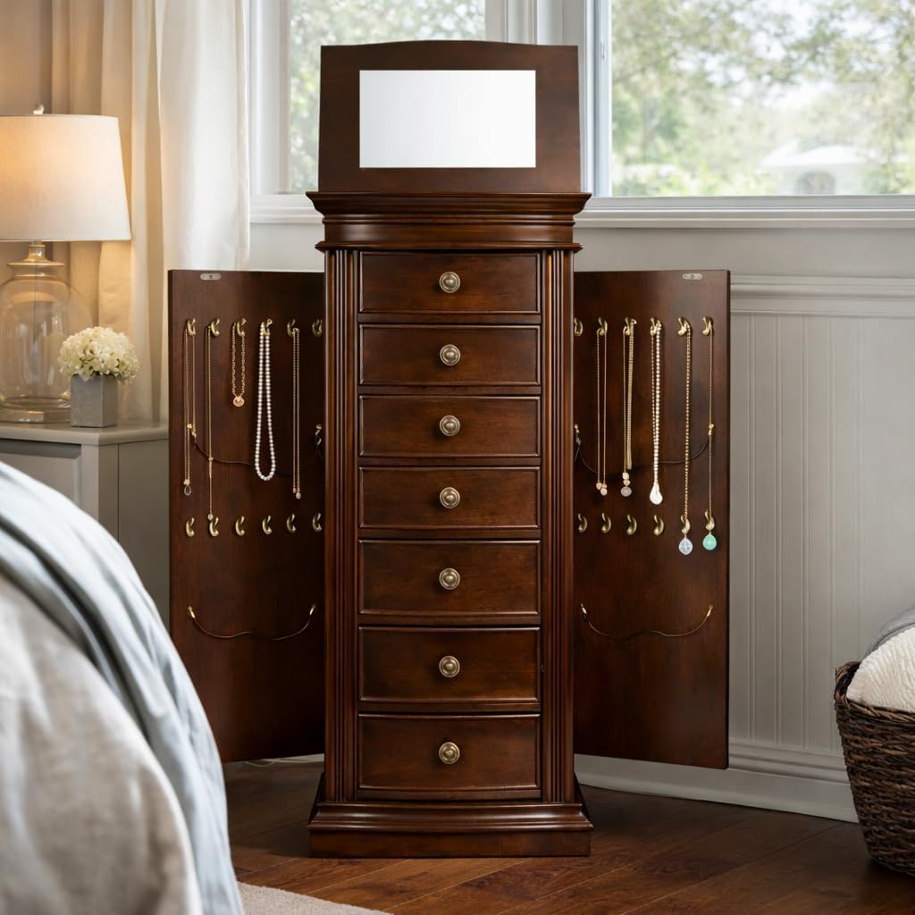 Hives and Honey Luke Standing Jewelry Armoire - Large 7-Drawer Wooden Organizer with Mirror, Side Doors, and Anti-Tarnish Lining