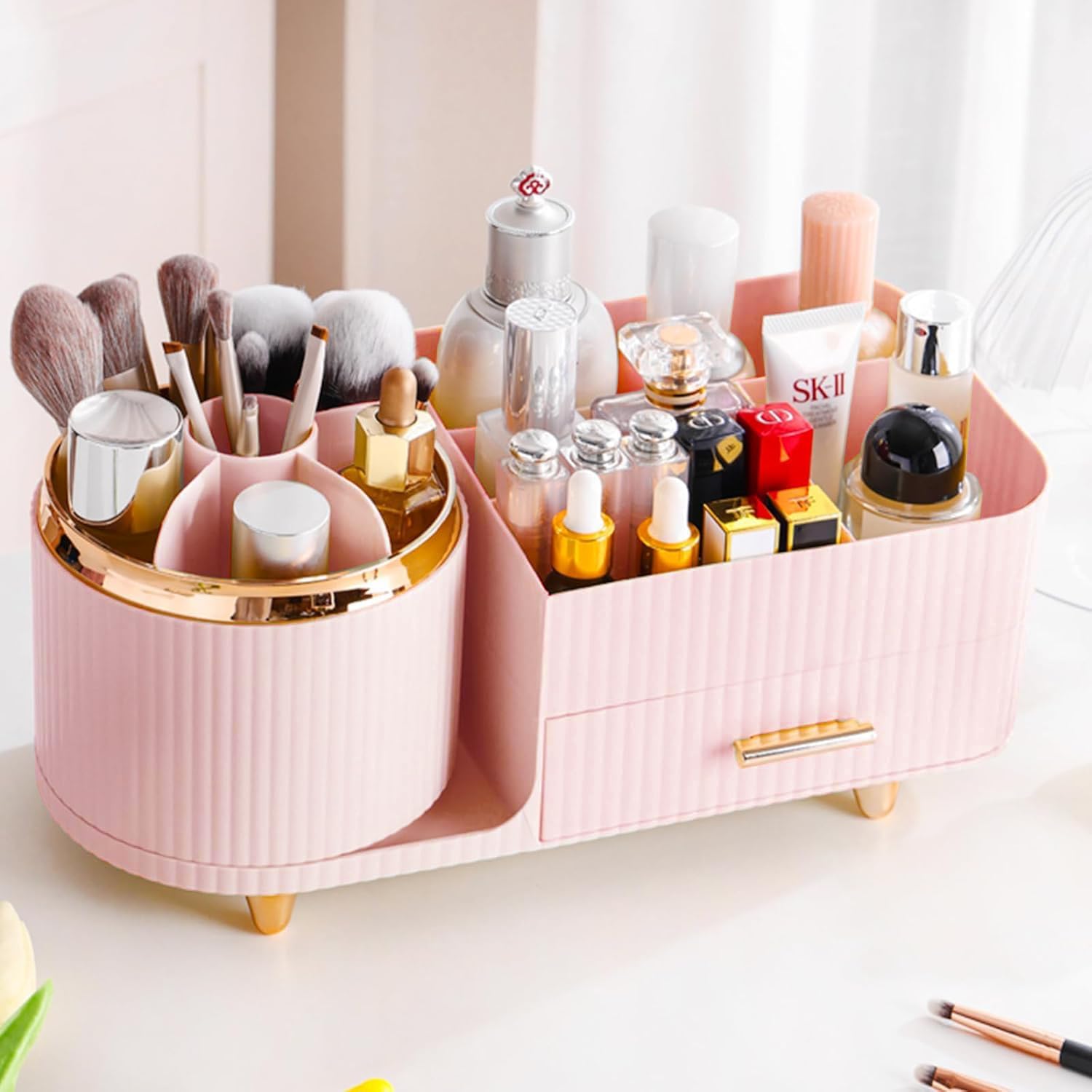 360° Rotating Vanity Makeup Organizer with Brush Holder, Large Spinning Cosmetic Storage for Skincare, Perfumes and Lotions