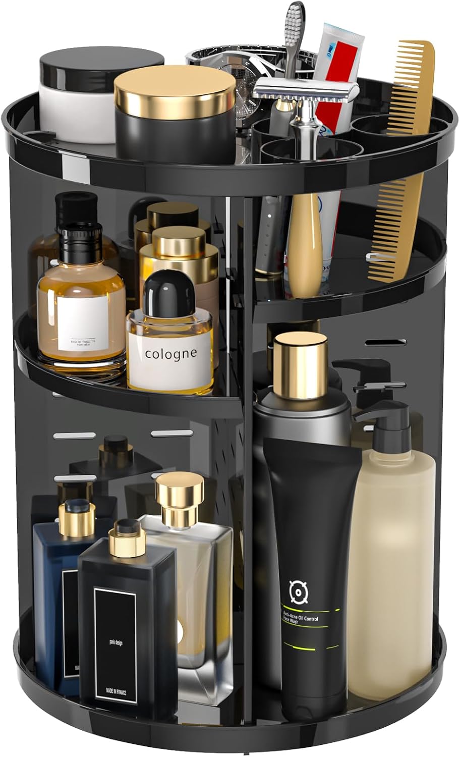 Rotating Makeup Organizer, DIY 8 Adjustable Layers Spinning Skincare Organizer, Cosmetic Display Case with Brush Holder Perfume Tray, Multi-Function Storage Carousel for Vanity Bathroom Countertop