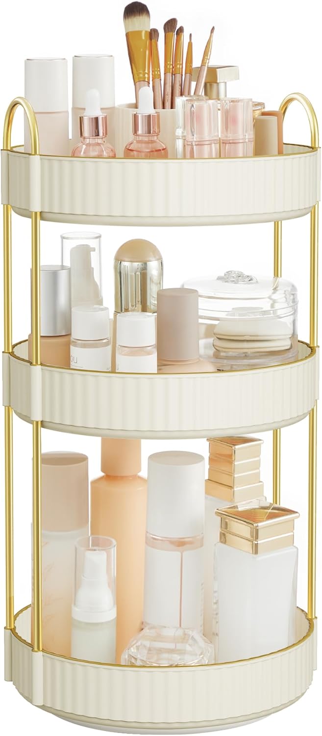 SONGMICS Makeup Organizer, 3-Tier Round Rotating Skincare Organizer Countertop, Customizable, Toiletries Vanity Organizer, Lazy Susan, Gift, Cloud White UJKA011W01