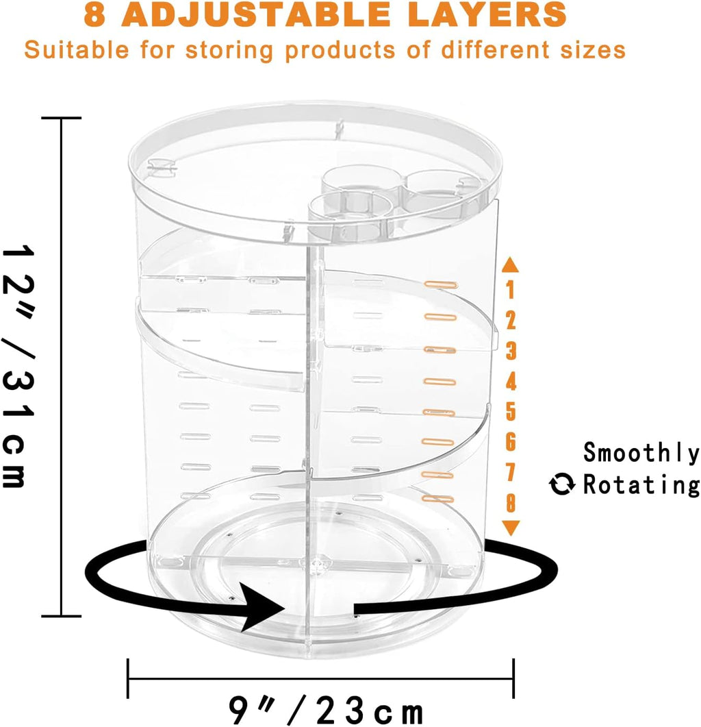 Rotating Makeup Organizer, DIY 8 Adjustable Layers Spinning Skincare Organizer, Cosmetic Display Case with Brush Holder Perfume Tray, Multi-Function Storage Carousel for Vanity Bathroom Countertop