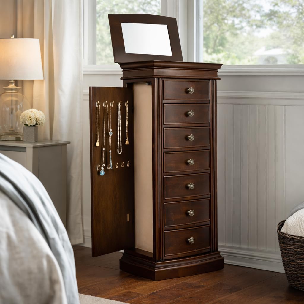 Hives and Honey Luke Standing Jewelry Armoire - Large 7-Drawer Wooden Organizer with Mirror, Side Doors, and Anti-Tarnish Lining