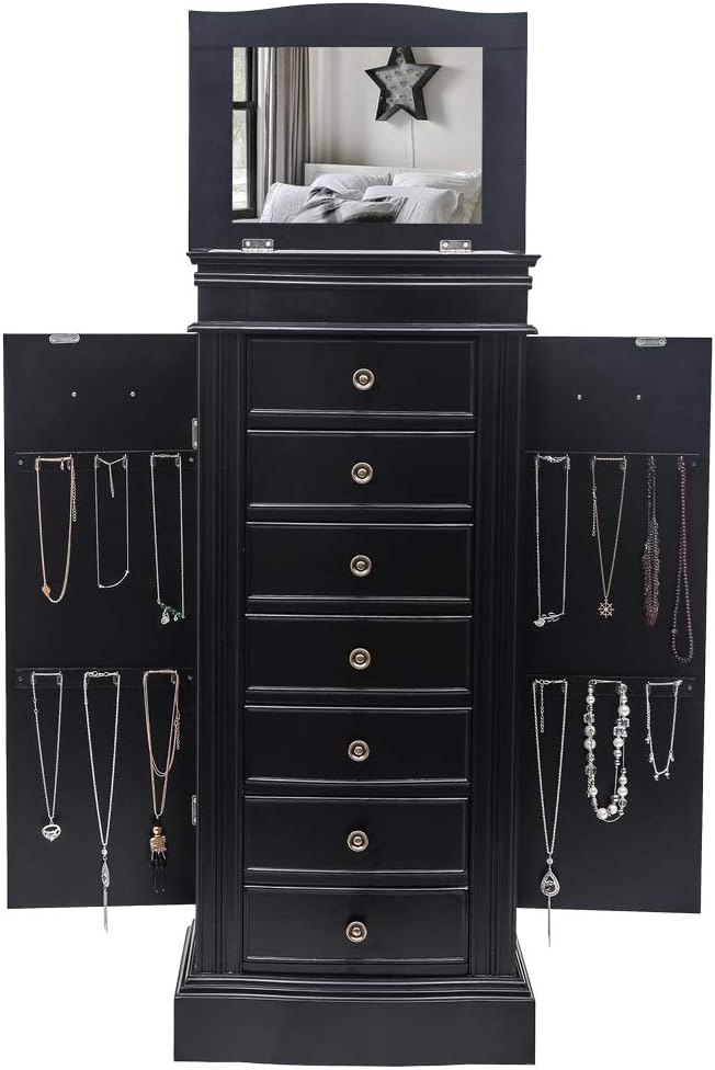 Vasitelan Large Standing Jewelry Armoire Cabinet Chest with with 7 Drawers,Jewelry Box Storage Organizer with Top Flip Mirror
