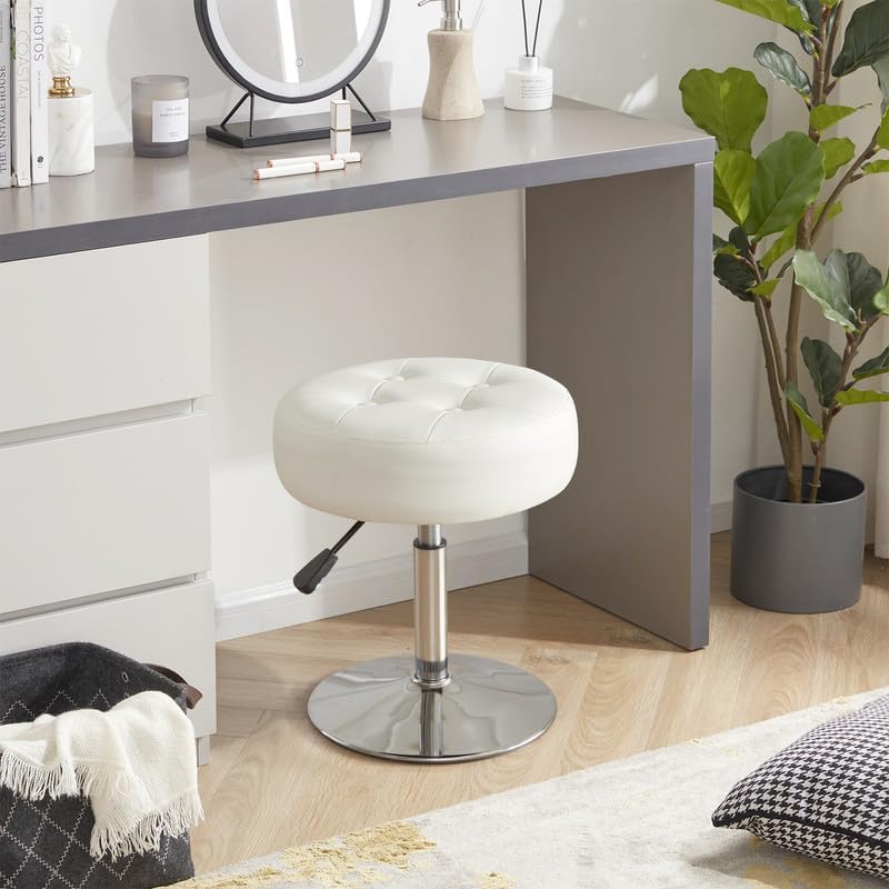 White Vanity Chair for Makeup Room Round Ottoman Tufted PU Leather Makeup Chair Vanity Stools for Bathroom Height Adjustable 360 Swivel