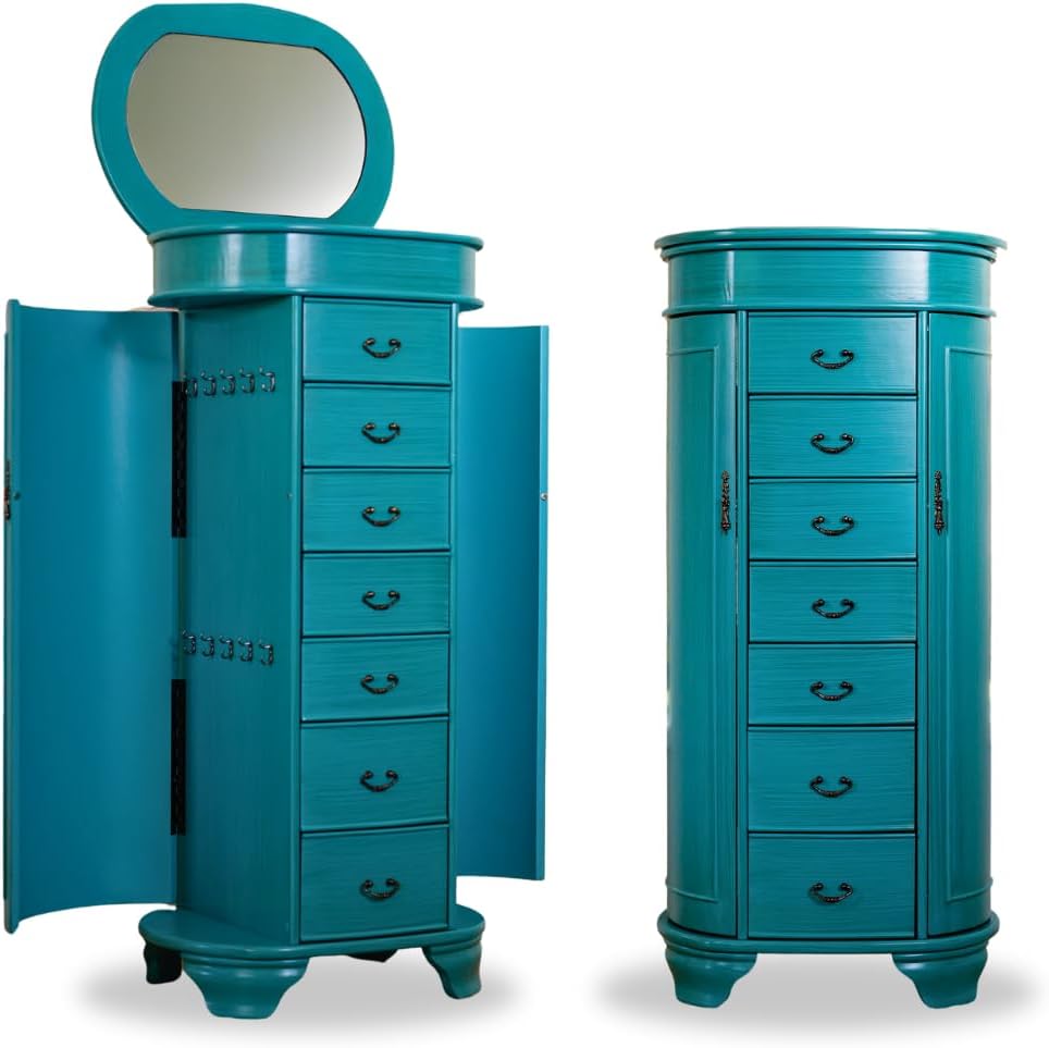 Hives and Honey Daley Oval Jewelry Armoire, Stylish Standing Organizer with Mirror, 7 Drawers, 20 Necklace Hooks, Anti-Tarnish Lining, Divided Storage, Turquoise