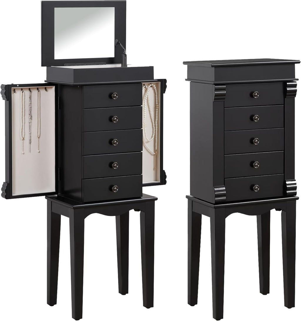 Standing Jewelry Armoire Cabinet Storage Chest with 5 Drawers, Top Divided Jewelry Organizer with Makeup Mirror, 2 Side Doors, 10 Necklace Hooks – Wooden Jewelry Armoire for Women (Walnut)