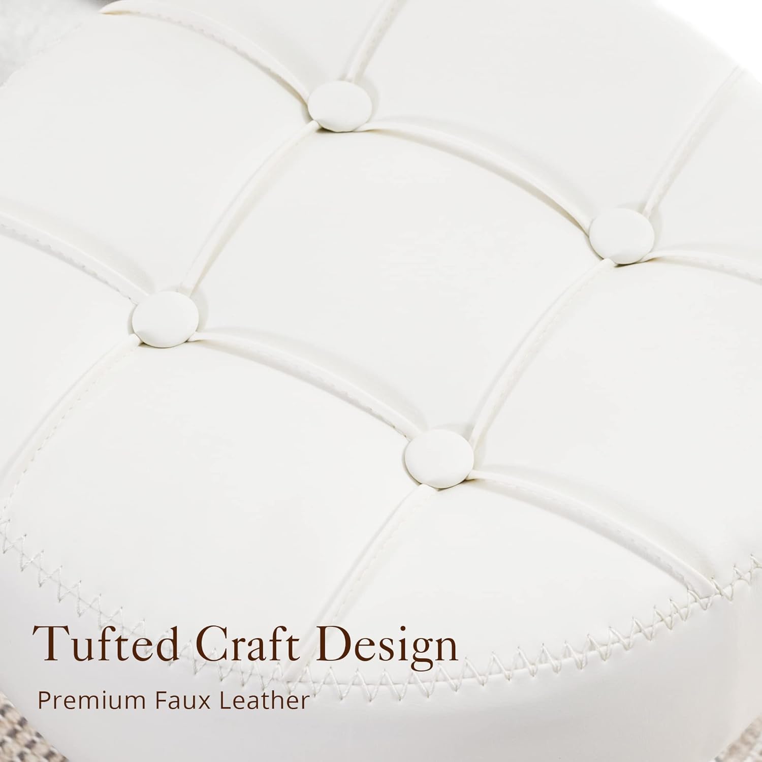 LUE BONA Adjustable Vanity Stool, 360 Swivel Chair for Makeup Room, White Faux Leather Stool for Bathroom & Living Room