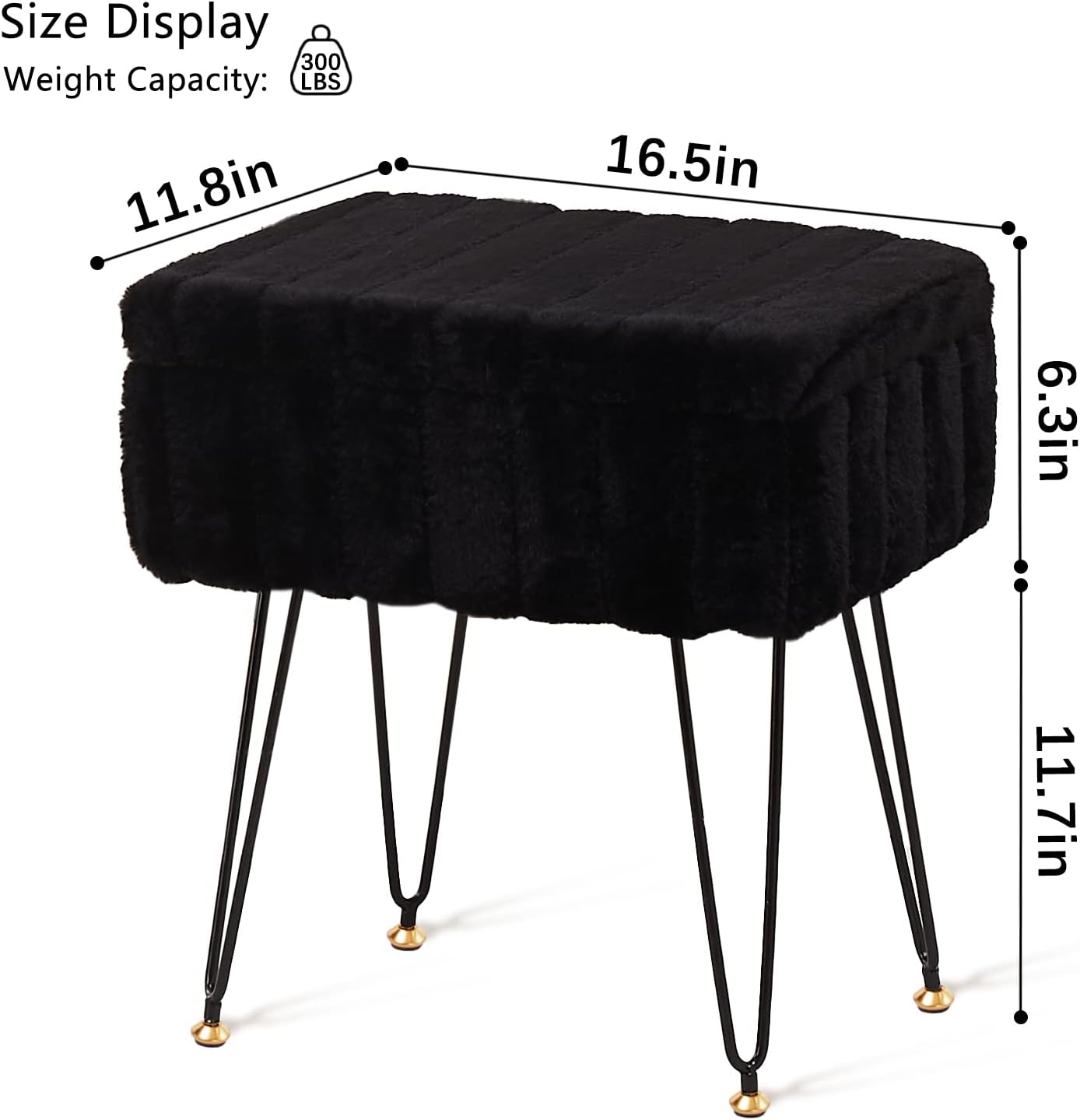 Wimarsbon Storage Ottoman, Vanity Stools with Metal Legs, 16.5" x 11.8" x 18" Modern Faux Mink Fur Footstool, Makeup Chair with Anti-Slip Feet, Accent Table,Footrest,Storage Bench for Bedroom