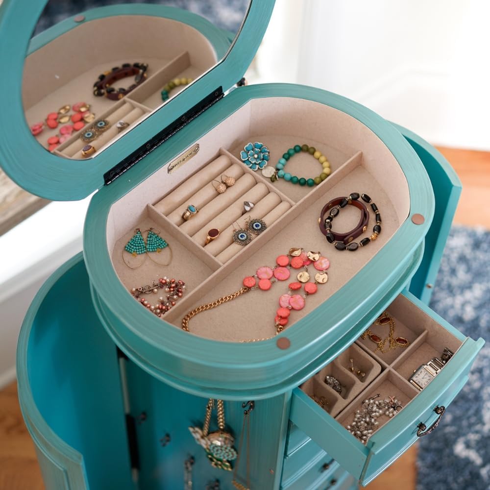 Hives and Honey Daley Oval Jewelry Armoire, Stylish Standing Organizer with Mirror, 7 Drawers, 20 Necklace Hooks, Anti-Tarnish Lining, Divided Storage, Turquoise