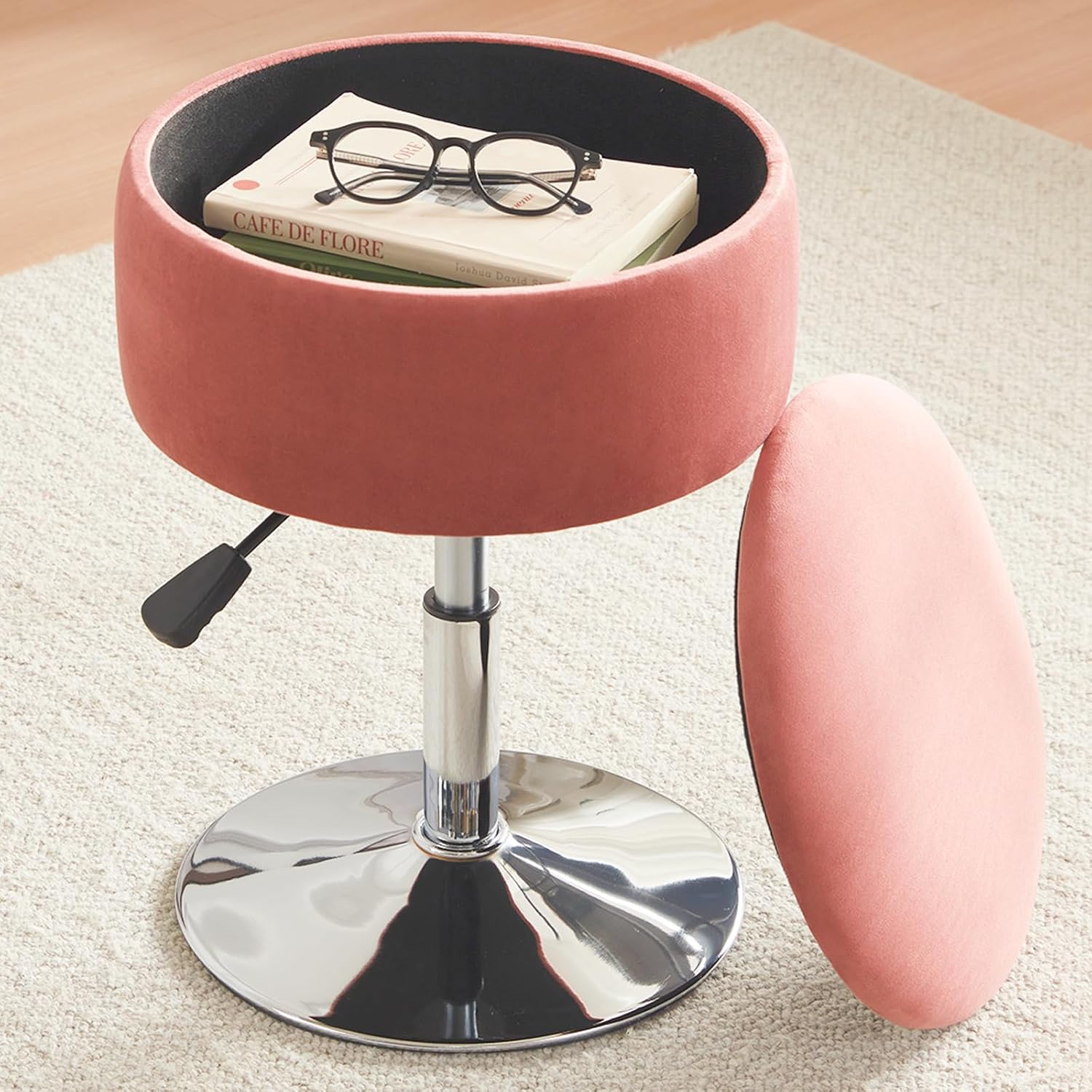 Adjustable Ottoman Stool White Vanity Stool Vanity Chair for Makeup Room Stool Chair for Vanity Stool with Storage Makeup Stools with Storage Swivel Makeup Chair for Bathroom Faux Leather