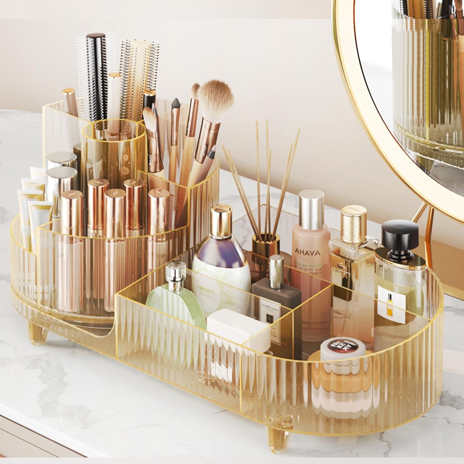 360° Rotating Vanity Makeup Organizer with Brush Holder, Large Spinning Cosmetic Storage for Skincare, Perfumes and Lotions