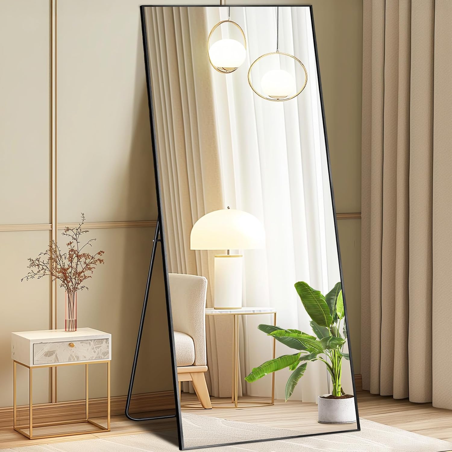 DUMOS 64"x21" Arched Full Length Mirror with Stand Floor Free Standing Aluminum Frame for Bedroom Body Hanging Leaning Modern Simple Home Decor Shatter-proorf Nano Glass Wall, Black-Rounded