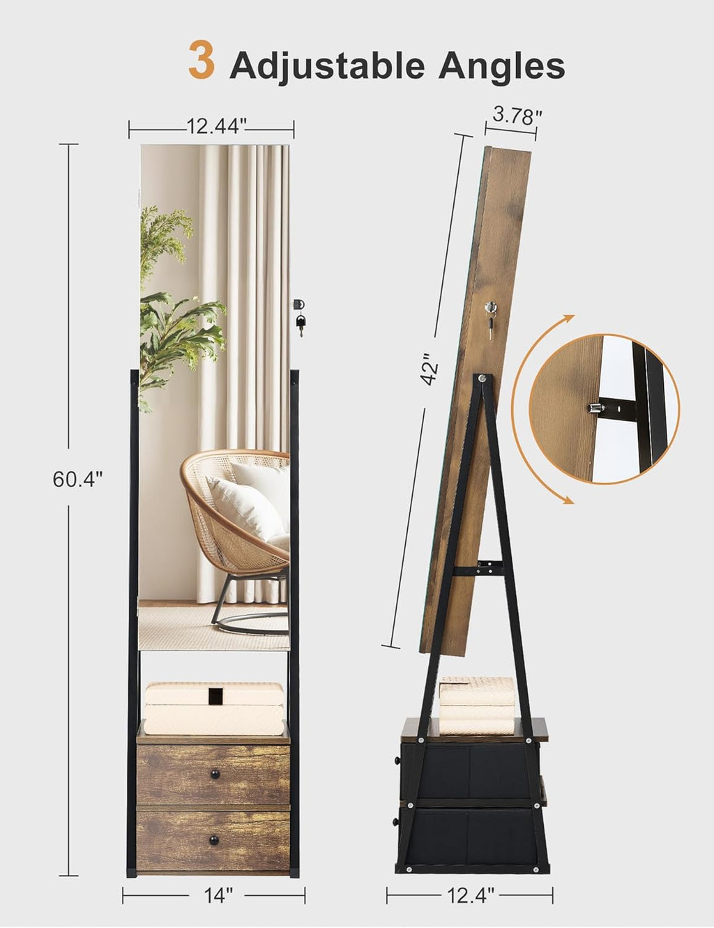 Nicetree Jewelry Cabinet Armoire with 2 Drawers, Lockable Standing Jewelry Mirror Cabinet, Full Length Mirror with Jewelry Storage, Rustic Brown