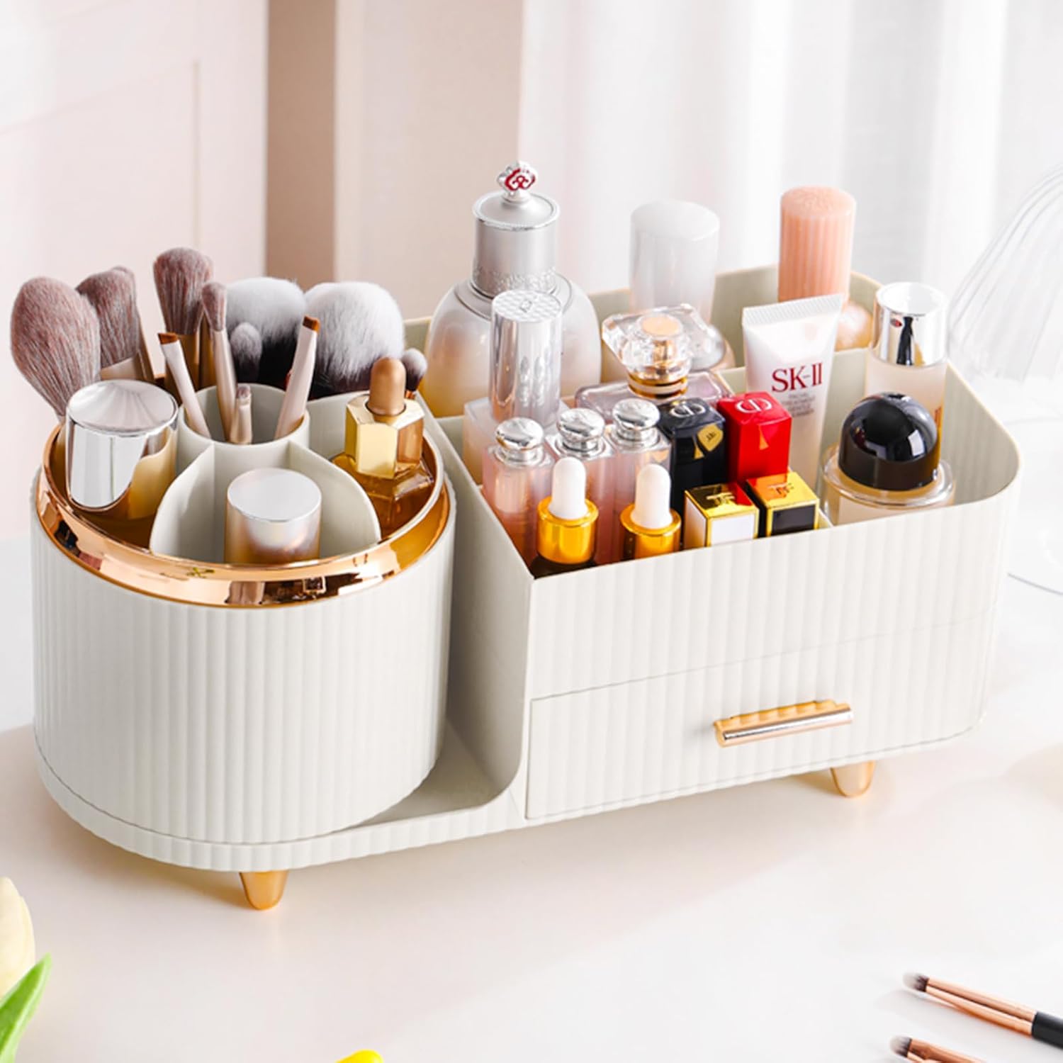 360° Rotating Vanity Makeup Organizer with Brush Holder, Large Spinning Cosmetic Storage for Skincare, Perfumes and Lotions