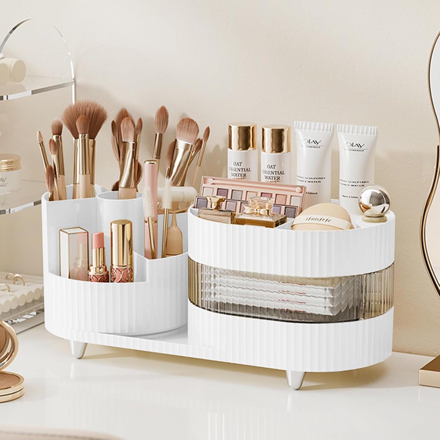 360° Rotating Vanity Makeup Organizer with Brush Holder, Large Spinning Cosmetic Storage for Skincare, Perfumes and Lotions