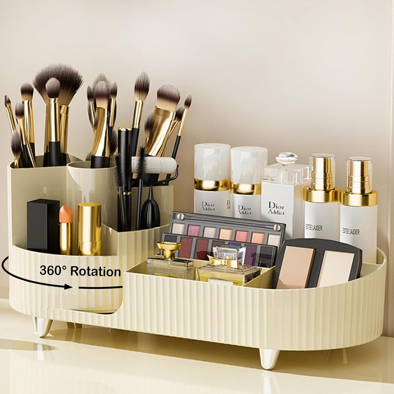 360° Rotating Vanity Makeup Organizer with Brush Holder, Large Spinning Cosmetic Storage for Skincare, Perfumes and Lotions