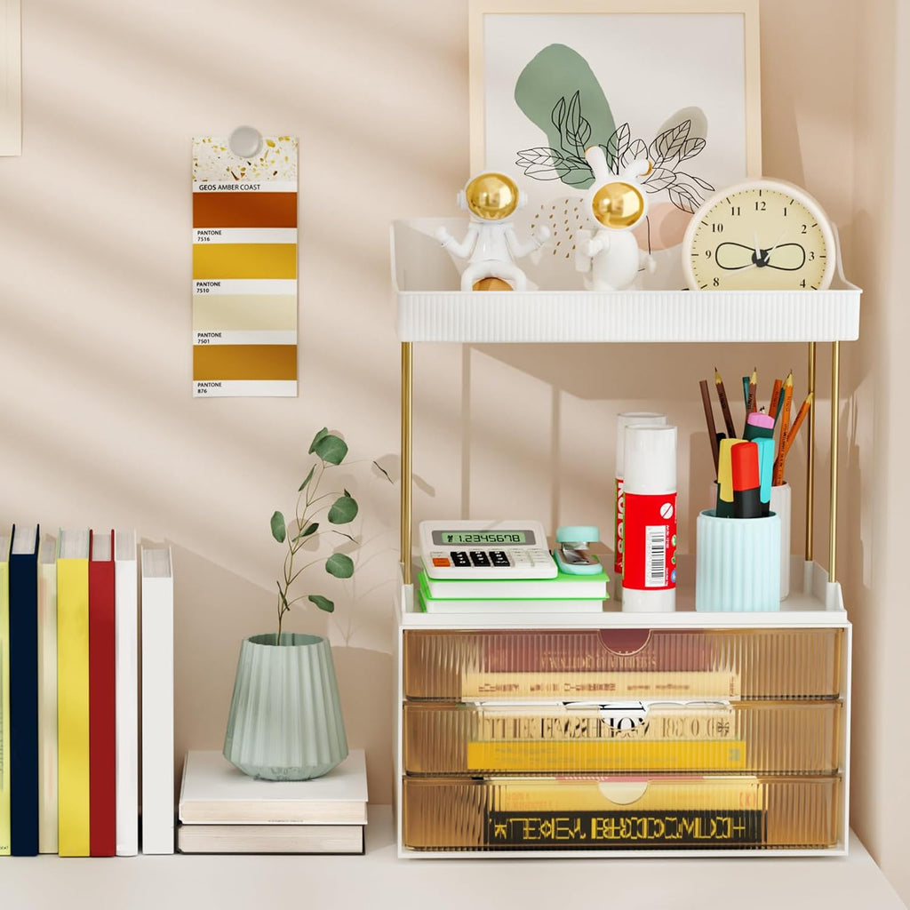 3 Large Drawers Makeup Organizer - 5 Tier Bathroom Counter Organizers and Storage, Versatile Perfume Vanity Organizer, Ideal for Cosmetic, Large Skincare, Face Mask, Office Supplies, Amber