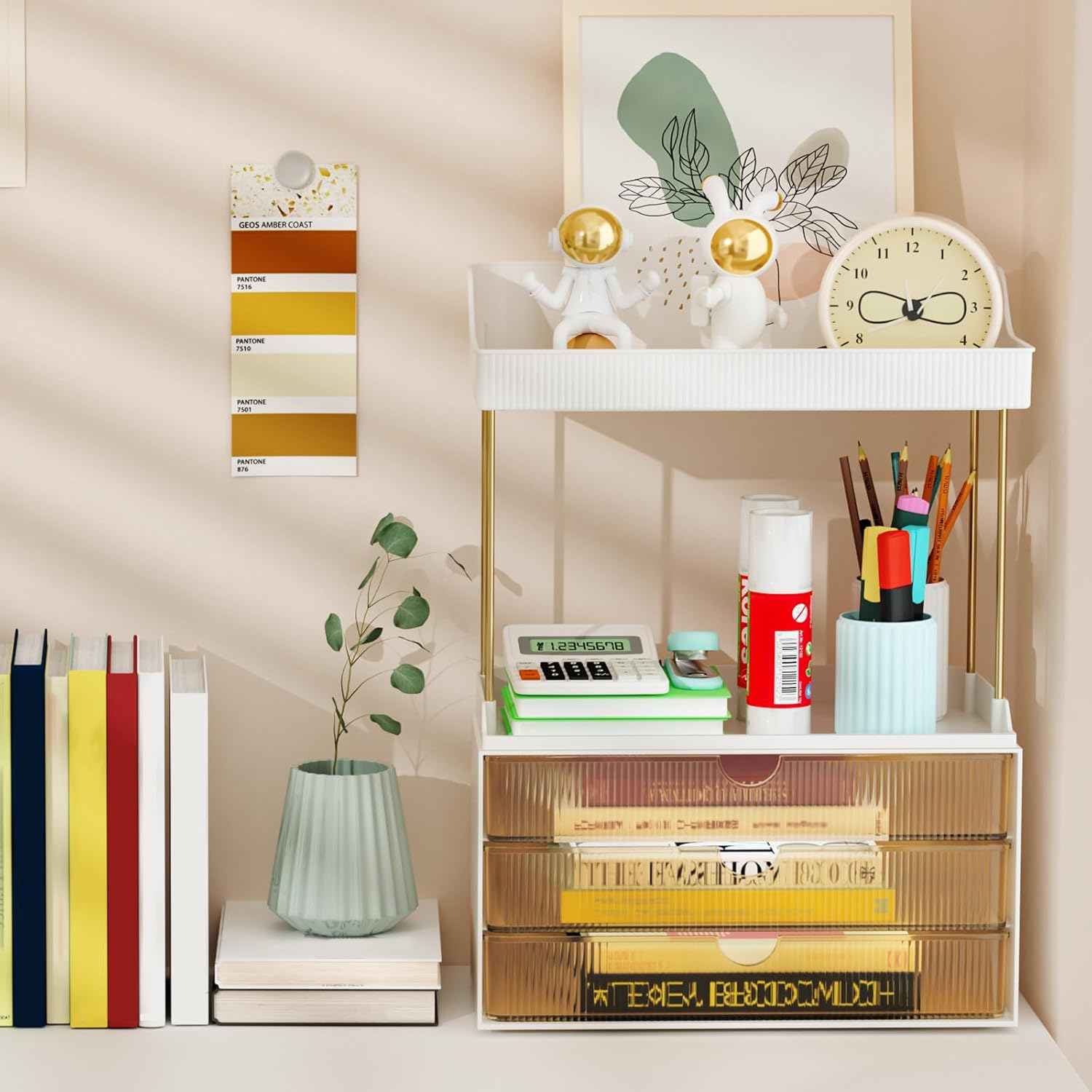 3 Large Drawers Makeup Organizer - 5 Tier Bathroom Counter Organizers and Storage, Versatile Perfume Vanity Organizer, Ideal for Cosmetic, Large Skincare, Face Mask, Office Supplies, Amber