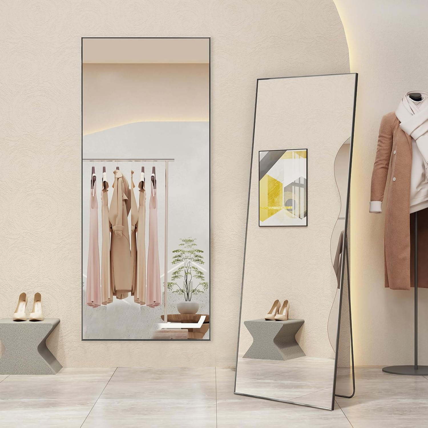 Mirror Full Length, Upgraded Body Wall Mirrors with Shatter-Proof Glass, Floor Standing, Hanging or Leaning, Tall Mirror with Stand Aluminum Alloy Frame for Bedroom