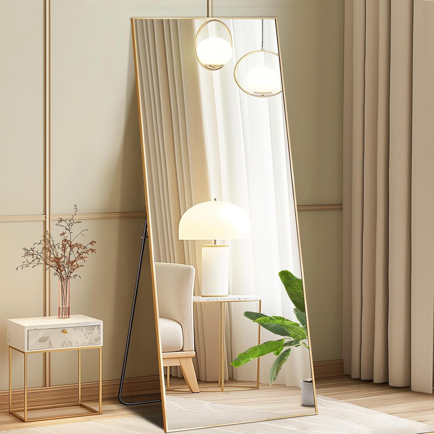 DUMOS 64"x21" Arched Full Length Mirror with Stand Floor Free Standing Aluminum Frame for Bedroom Body Hanging Leaning Modern Simple Home Decor Shatter-proorf Nano Glass Wall, Black-Rounded