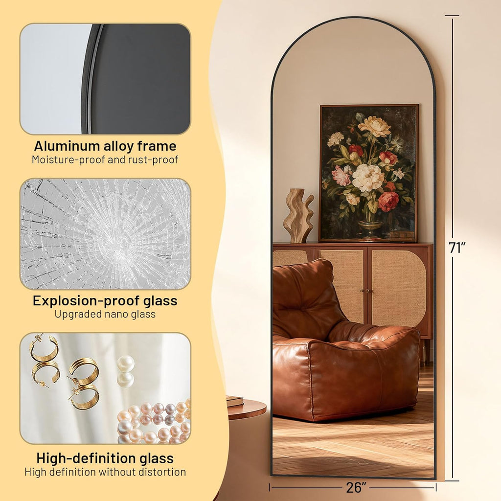 Simple Deluxe Arched Full Length Mirror, 71"x26"Large Floor Mirrors, for Wall Door Bedroom Bathroom Living Room (Black)