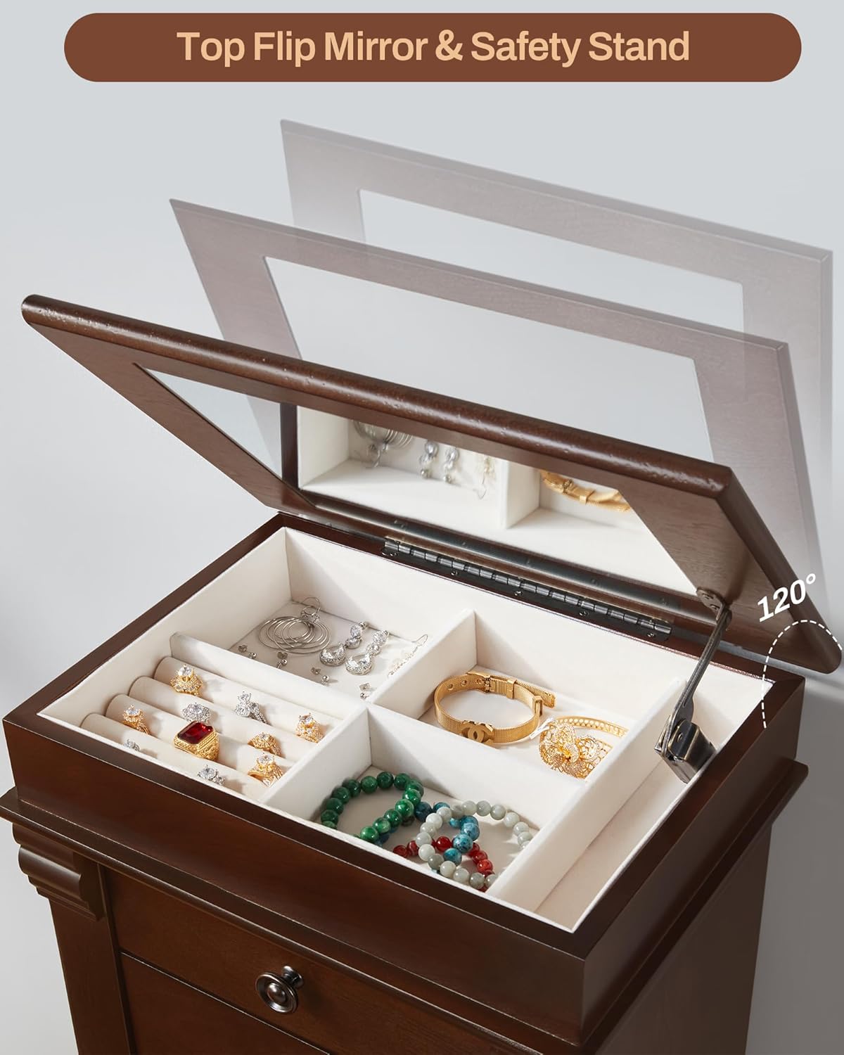 Standing Jewelry Armoire Cabinet Storage Chest with 5 Drawers, Top Divided Jewelry Organizer with Makeup Mirror, 2 Side Doors, 10 Necklace Hooks – Wooden Jewelry Armoire for Women (Walnut)