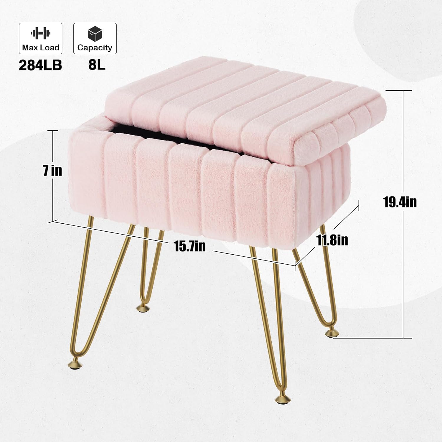 Greenstell Vanity Stool Chair Faux Fur with Storage, 15.7"L x 11.8"W x 19.4"H Soft Ottoman 4 Metal Legs with Anti-Slip Feet, Furry Padded Seat, Modern Multifunctional Chairs for Makeup, Bedroom Pink