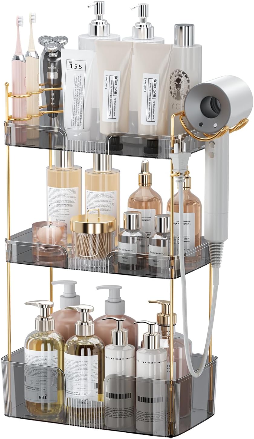 3 Tier Bathroom Organizer Countertop Makeup Perfume Tray Skincare Organizer for Bathroom Dresser Vanity (Grey)