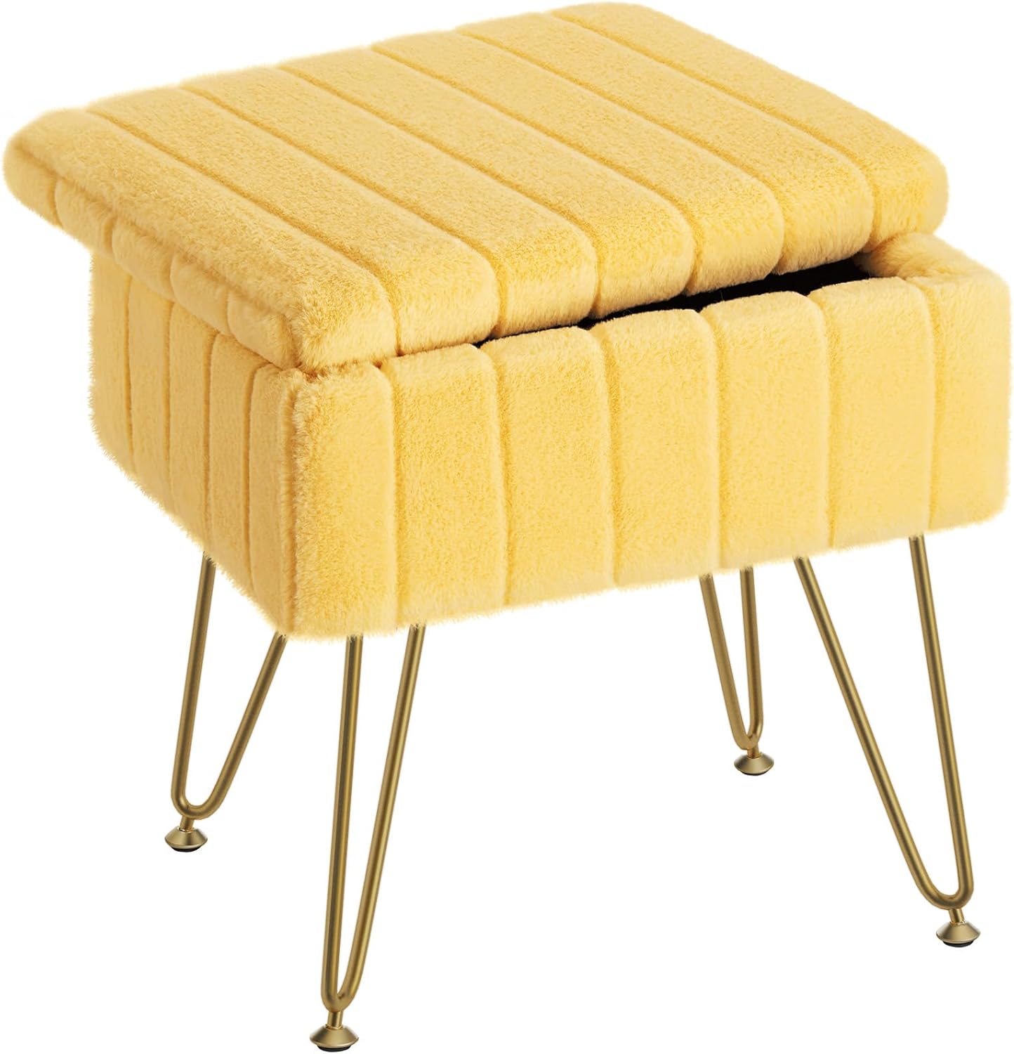 Greenstell Vanity Stool Chair Faux Fur with Storage, 15.7"L x 11.8"W x 19.4"H Soft Ottoman 4 Metal Legs with Anti-Slip Feet, Furry Padded Seat, Modern Multifunctional Chairs for Makeup, Bedroom Pink