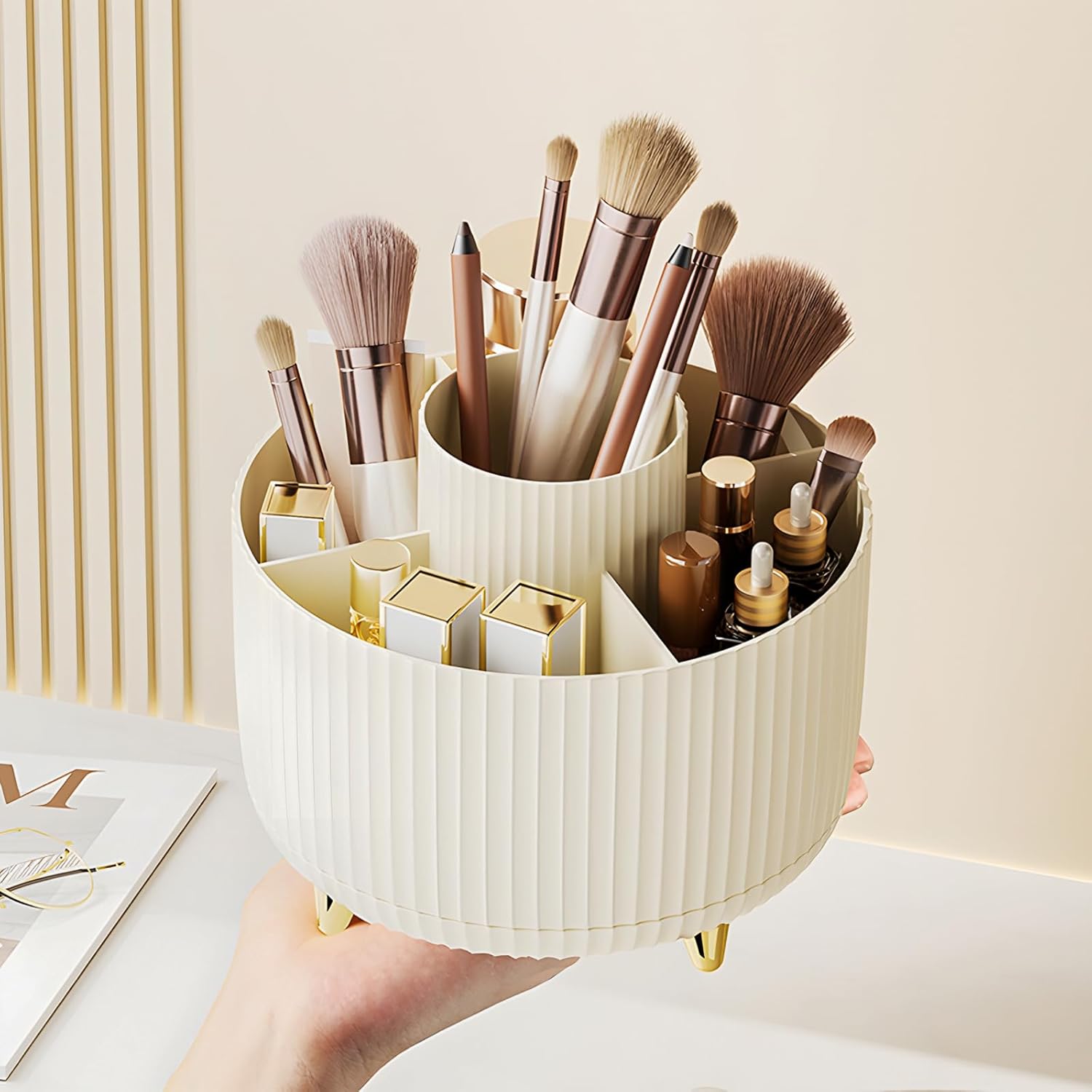 Diesisa Makeup Brush Holder Organizer,360° Rotating Makeup Brush Organizer,5 Slot Make up Brushes Cup for Cosmetics, Nail Polish, Art Supply, Bathroom Vanity Desktop Organizer - White