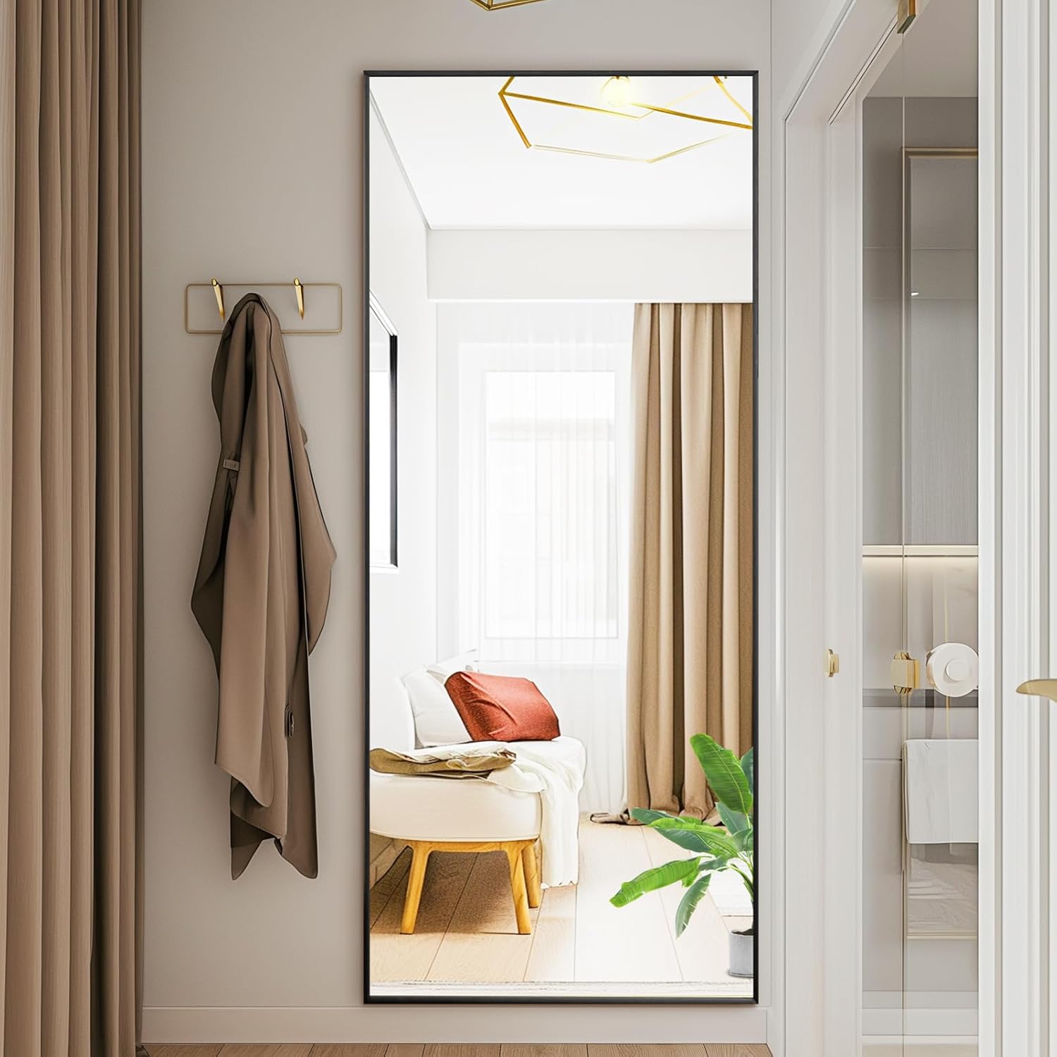 DUMOS Full Length Mirror with Stand 64"x21" Floor Standing Aluminum Frame for Bedroom Body Hanging Leaning Modern Simple Home Decor Shatter-proorf Nano Glass for Wall Living Room Cloakroom Black