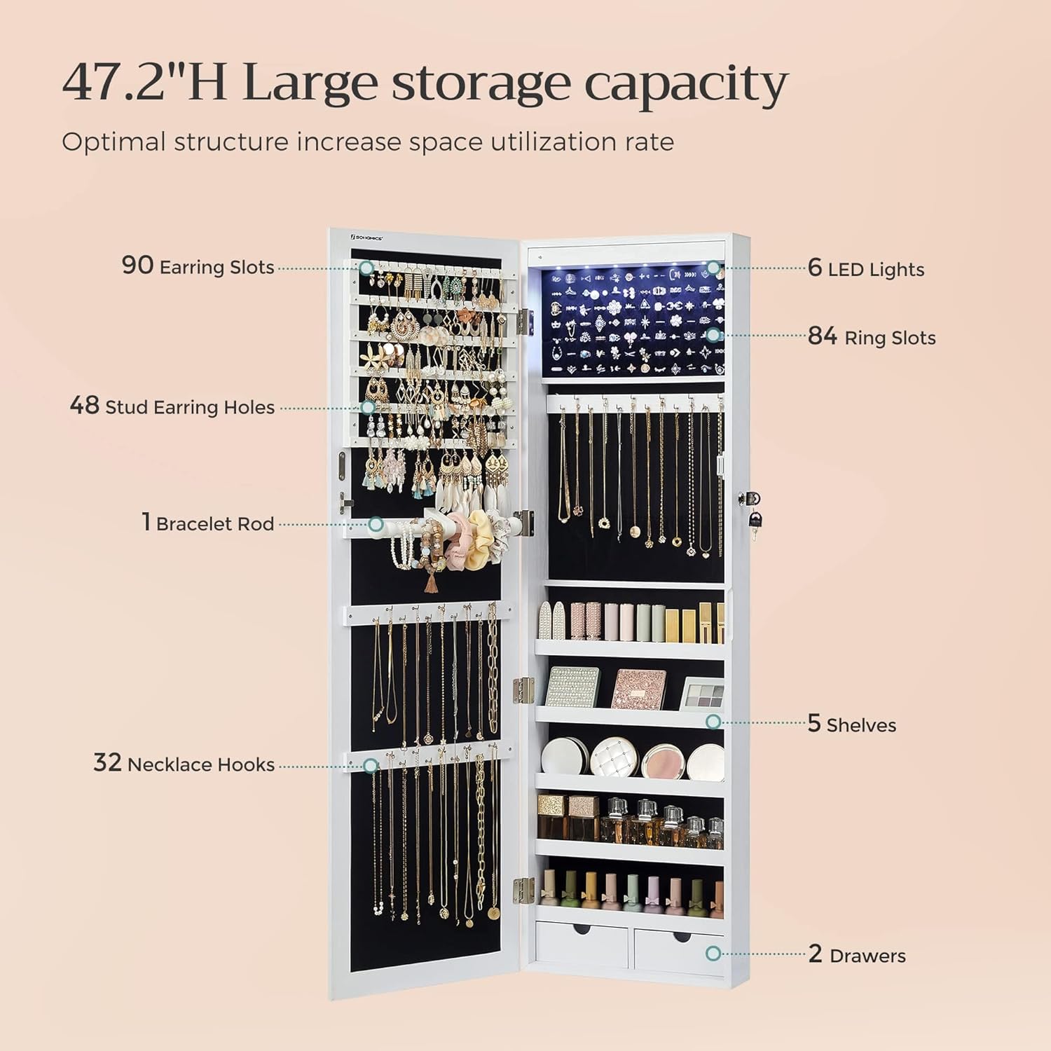 SONGMICS 6 LEDs Mirror Jewelry Cabinet, 47.2-Inch Tall Lockable Wall or Door Mounted Jewelry Armoire Organizer with Mirror, 2 Drawers, 3.9 x 14.6 x 47.2 Inches, White UJJC93W
