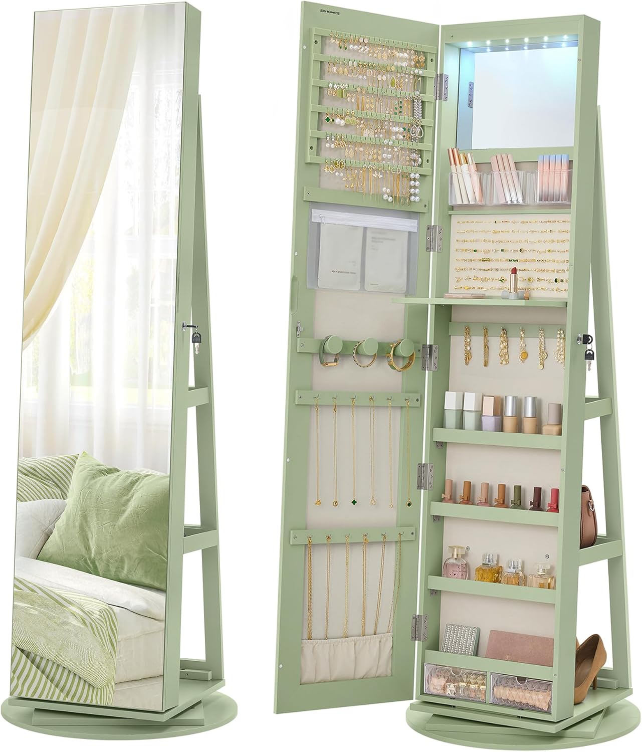 SONGMICS 6 LEDs Lockable Mirror Jewelry Cabinet, 360° Swivel Jewelry Organizer Armoire Standing, Frameless Full-Length Mirror, 3 Storage Shelves, Black Surface, Black Lining UJJC007B01