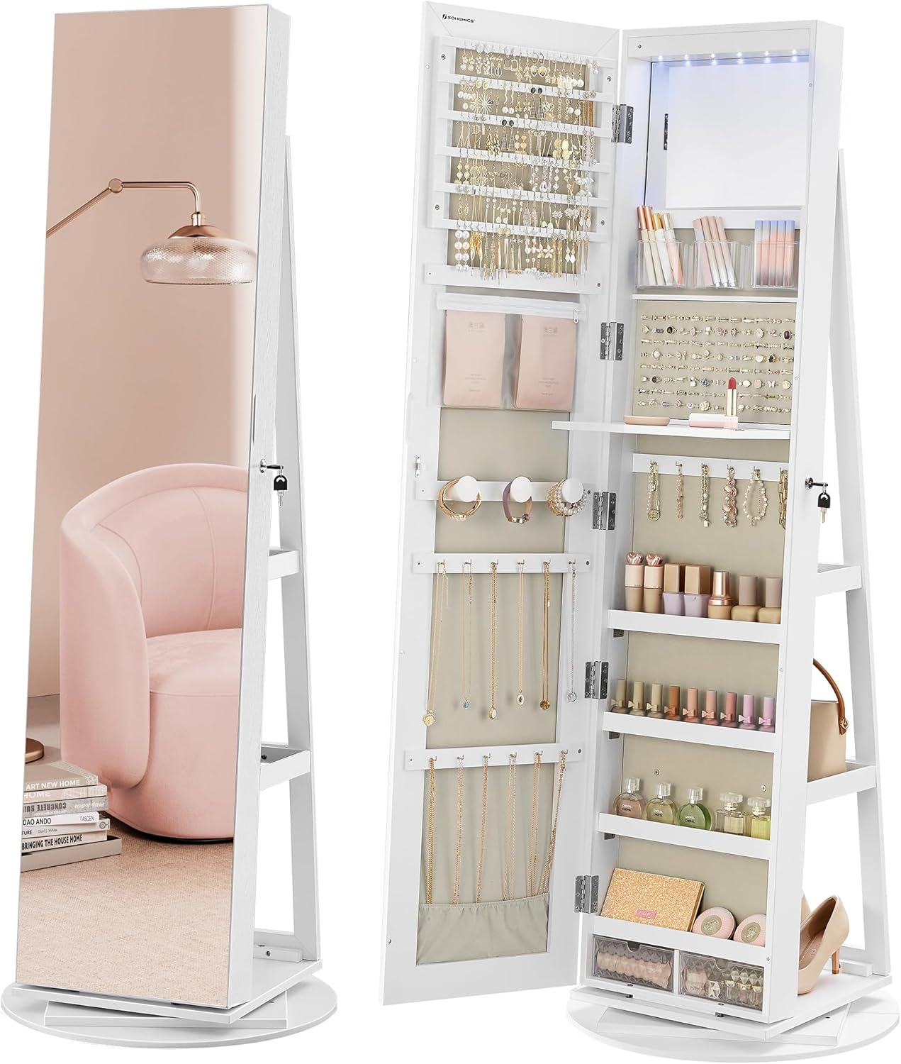 SONGMICS 6 LEDs Lockable Mirror Jewelry Cabinet, 360° Swivel Jewelry Organizer Armoire Standing, Frameless Full-Length Mirror, 3 Storage Shelves, Black Surface, Black Lining UJJC007B01