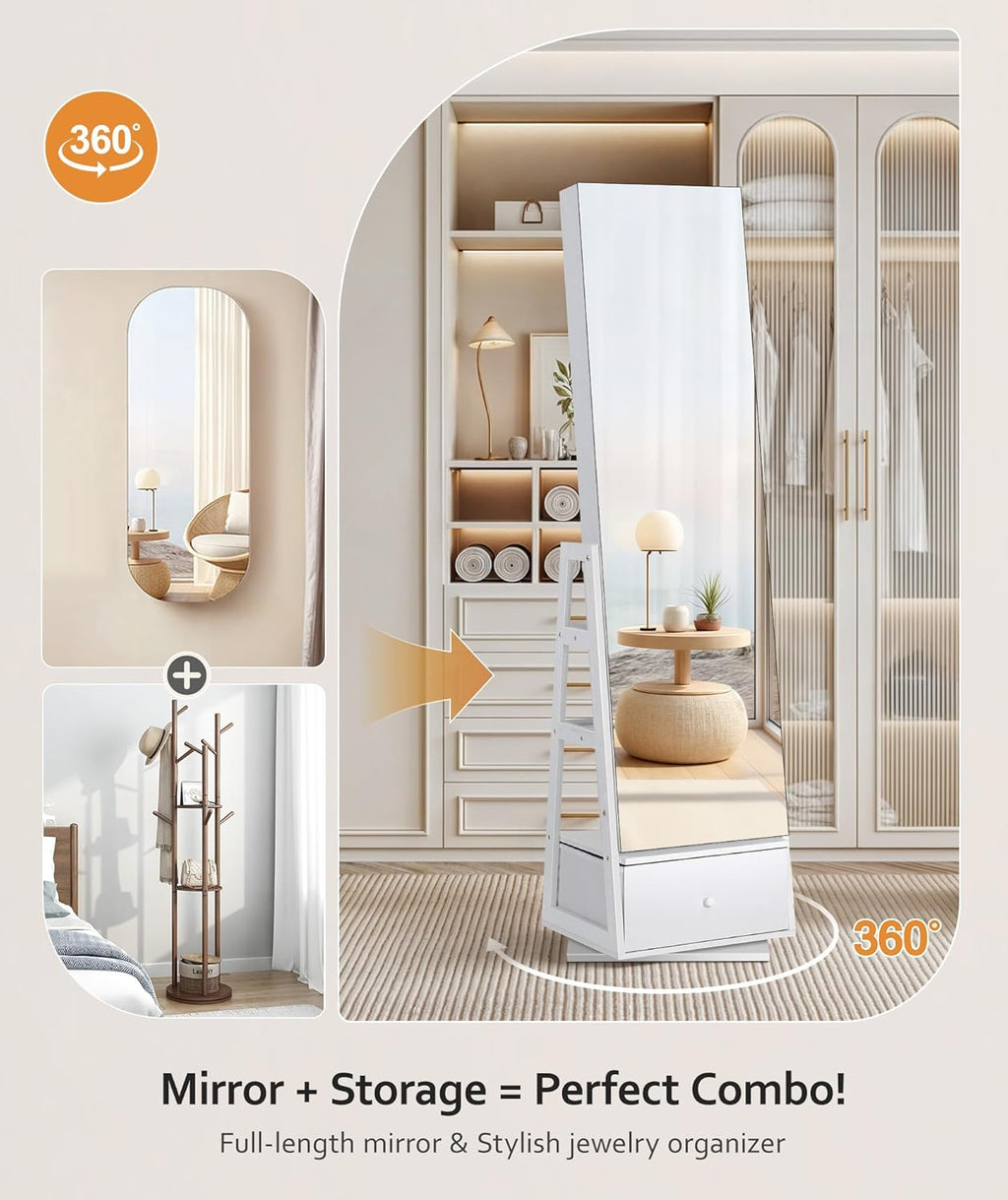 Nicetree 360°Swivel Jewelry Cabinet, Rotatable Full Length Mirror with Jewelry Storage, Standing Jewelry Armoire Organizer, Lockable Jewelry Organizer with 3 Rear Shelves, Bottom Drawer, Pure White
