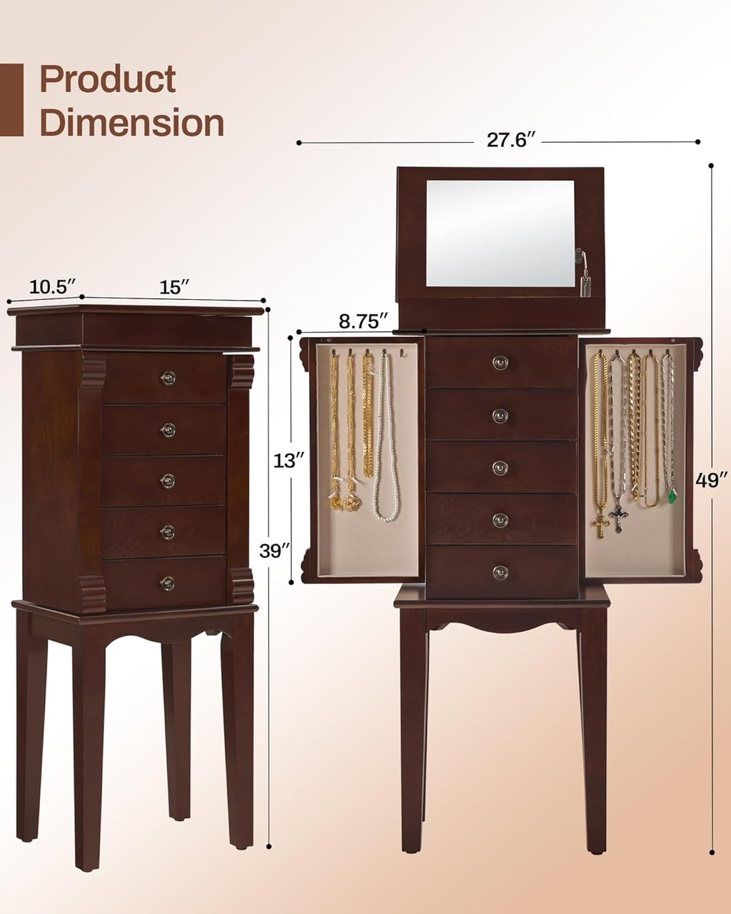 Standing Jewelry Armoire Cabinet Storage Chest with 5 Drawers, Top Divided Jewelry Organizer with Makeup Mirror, 2 Side Doors, 10 Necklace Hooks – Wooden Jewelry Armoire for Women (Walnut)