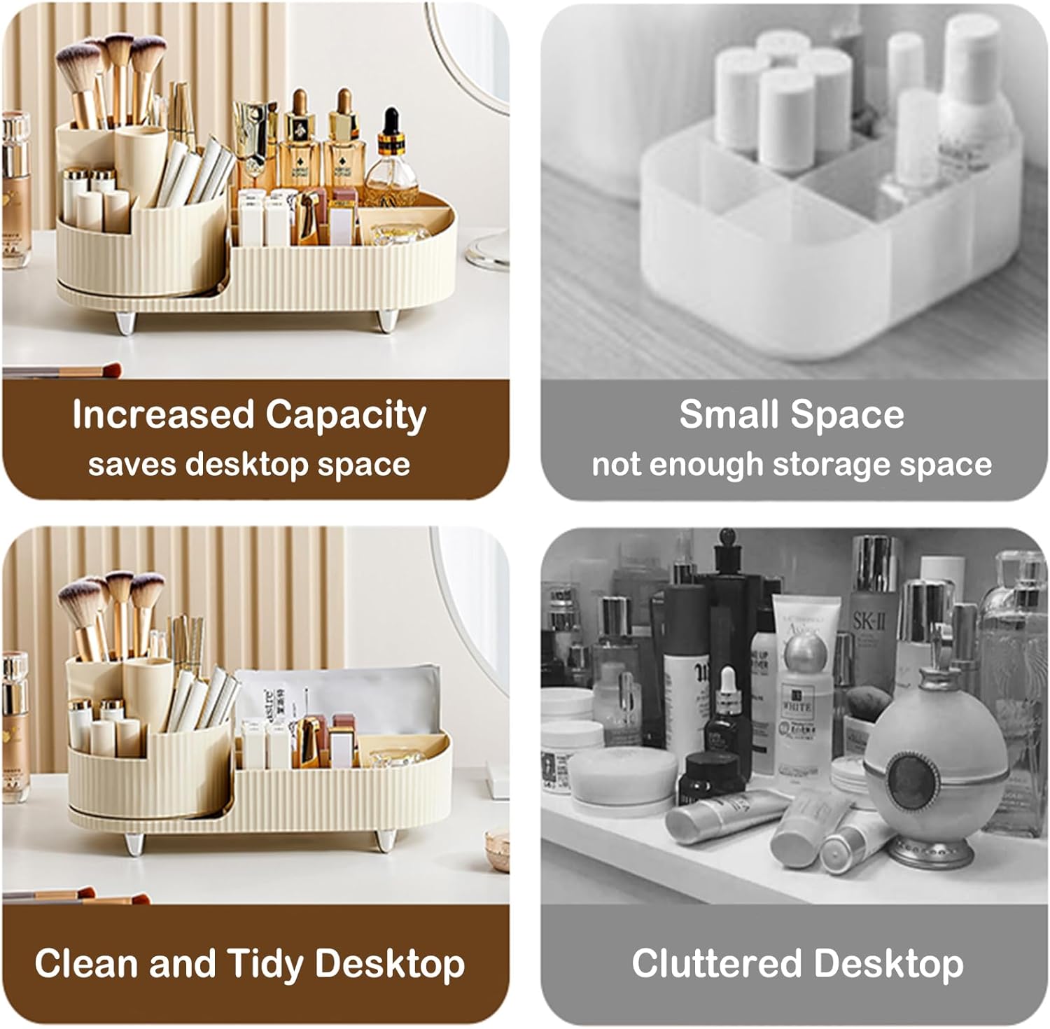 360° Rotating Vanity Makeup Organizer with Brush Holder, Large Spinning Cosmetic Storage for Skincare, Perfumes and Lotions