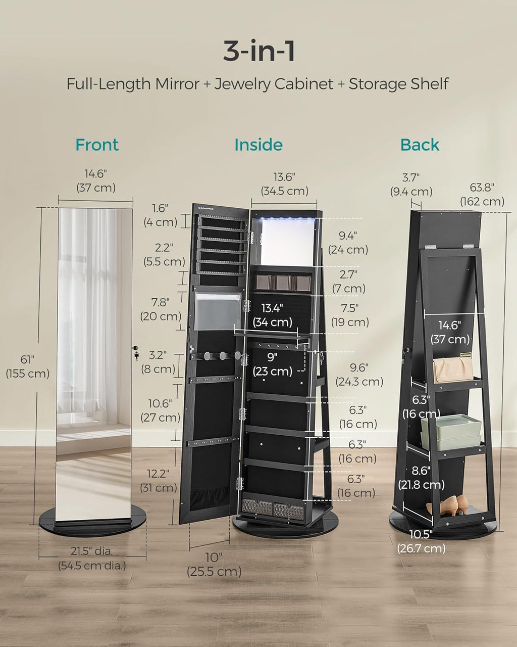 SONGMICS 6 LEDs Lockable Mirror Jewelry Cabinet, 360° Swivel Jewelry Organizer Armoire Standing, Frameless Full-Length Mirror, 3 Storage Shelves, Black Surface, Black Lining UJJC007B01