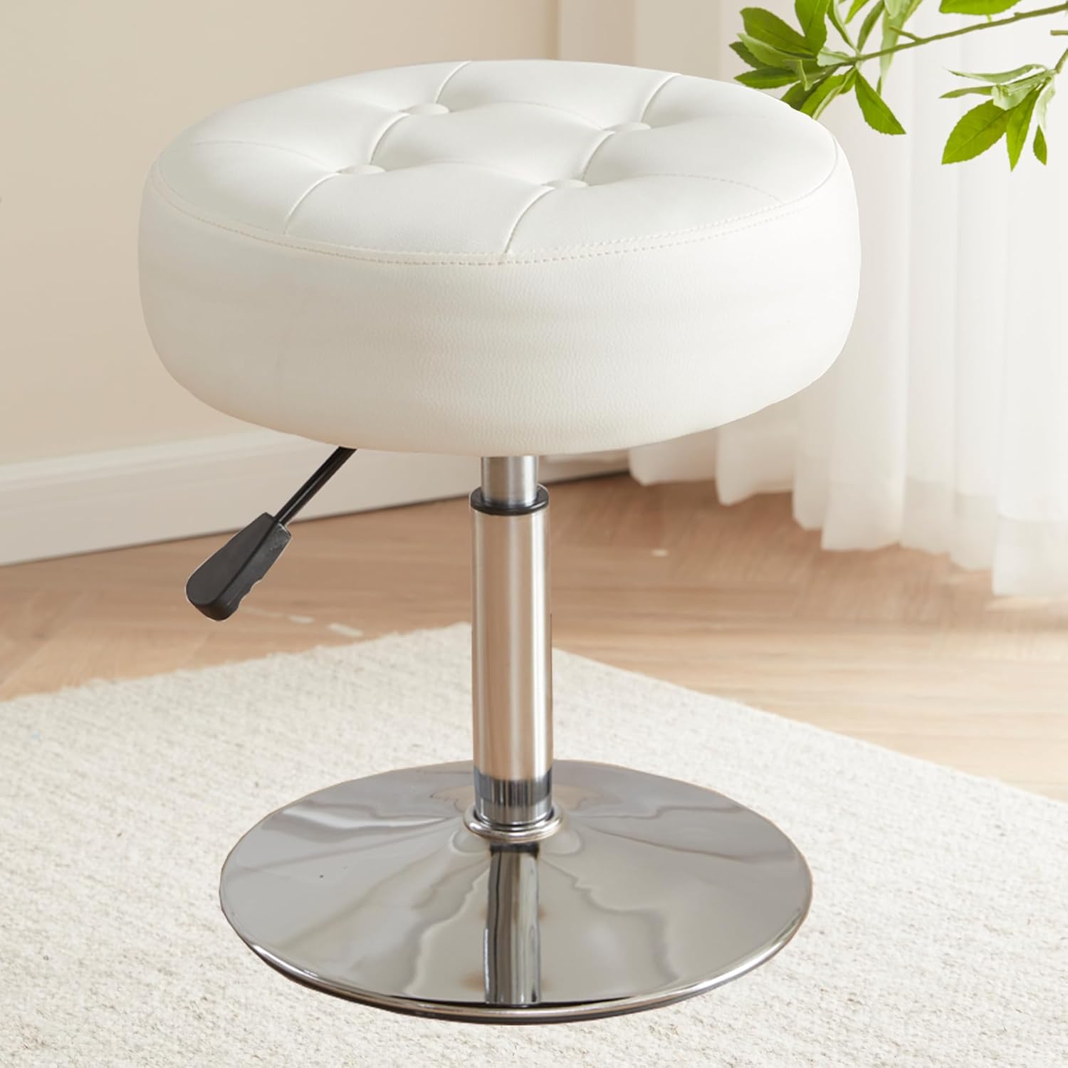 White Vanity Chair for Makeup Room Round Ottoman Tufted PU Leather Makeup Chair Vanity Stools for Bathroom Height Adjustable 360 Swivel